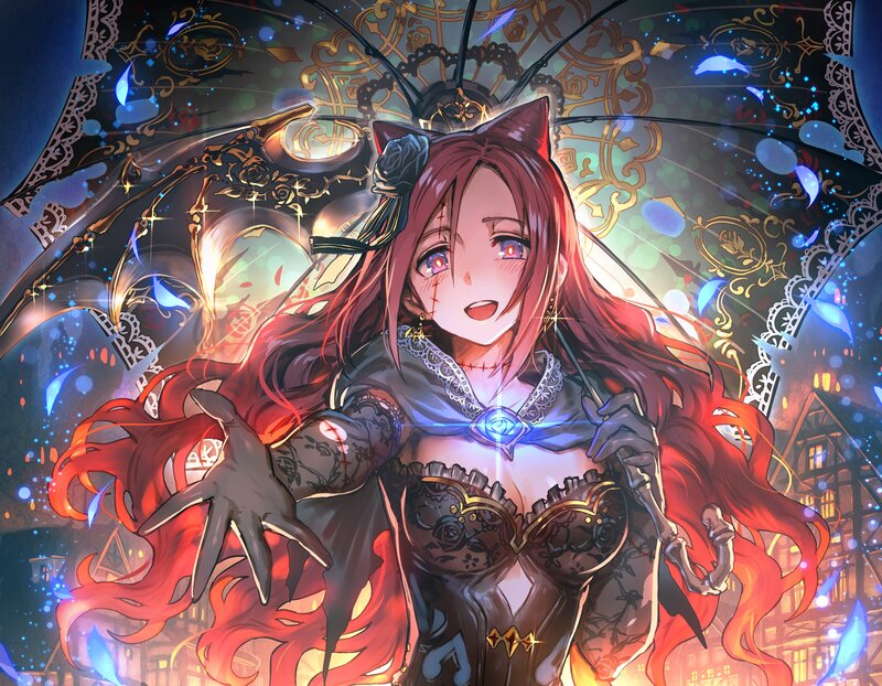 Red-haired Girl with Cat Ears — Red, Dramatic, Night, Digital Art