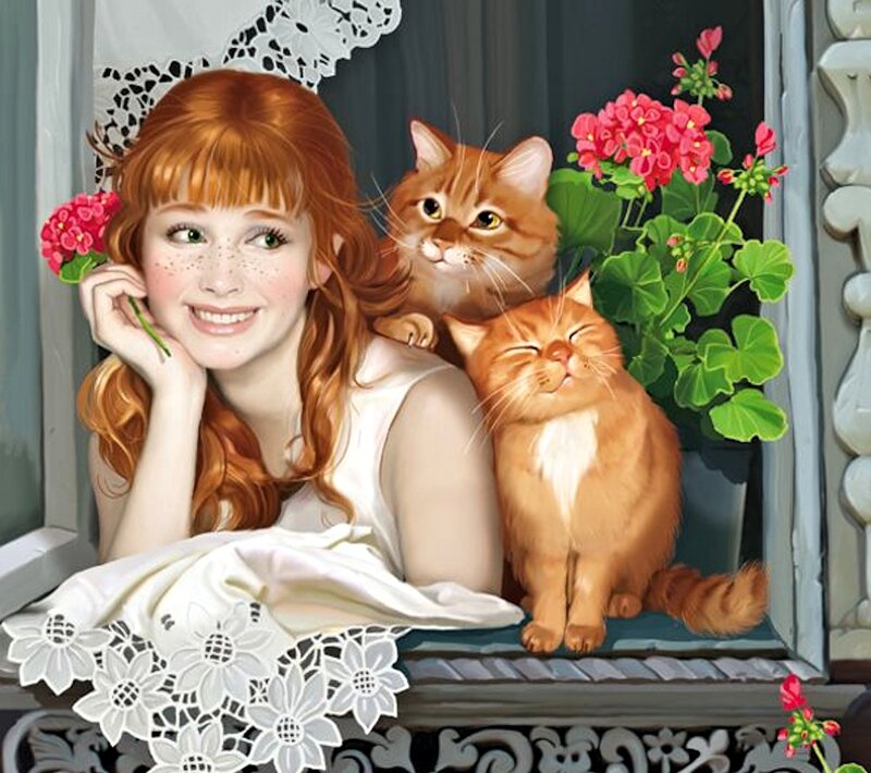 Red-haired Girl with Cats — Orange, Calm