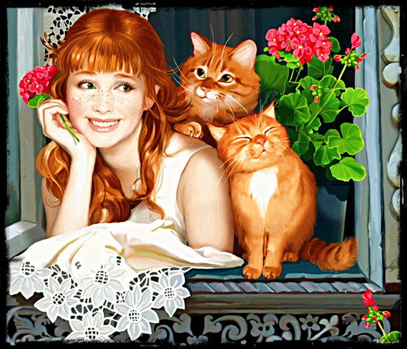 Red-haired Girl with Cats — Orange
