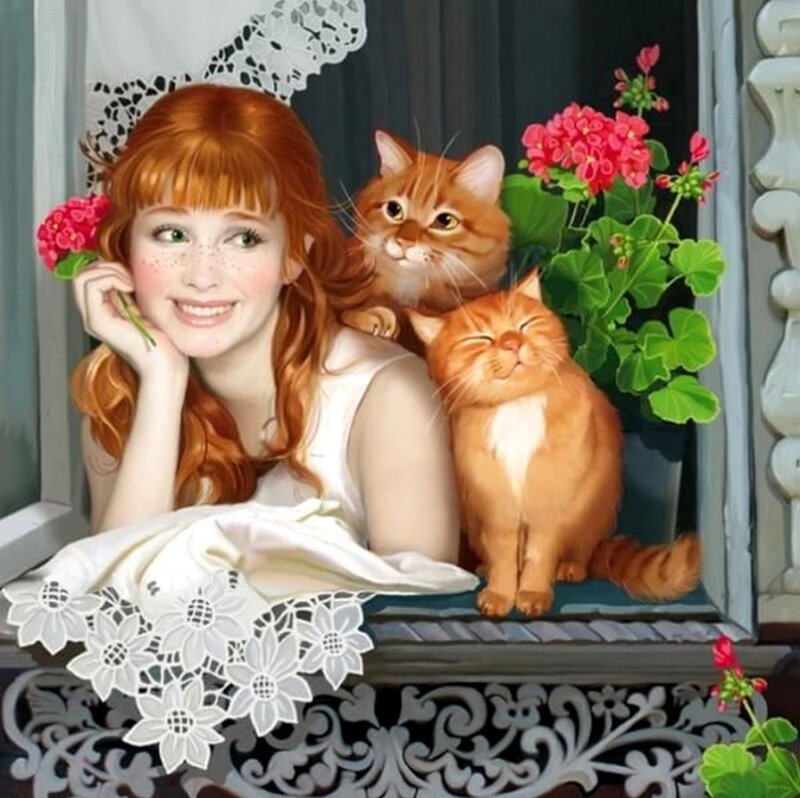 Red-haired Girl with Cats — Red, Peaceful