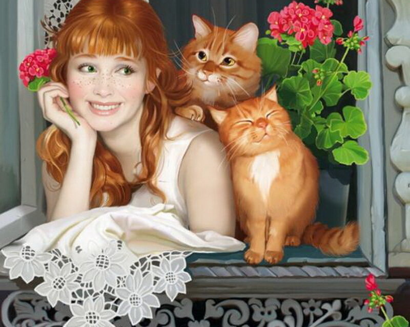 Red-haired Girl with Cats
