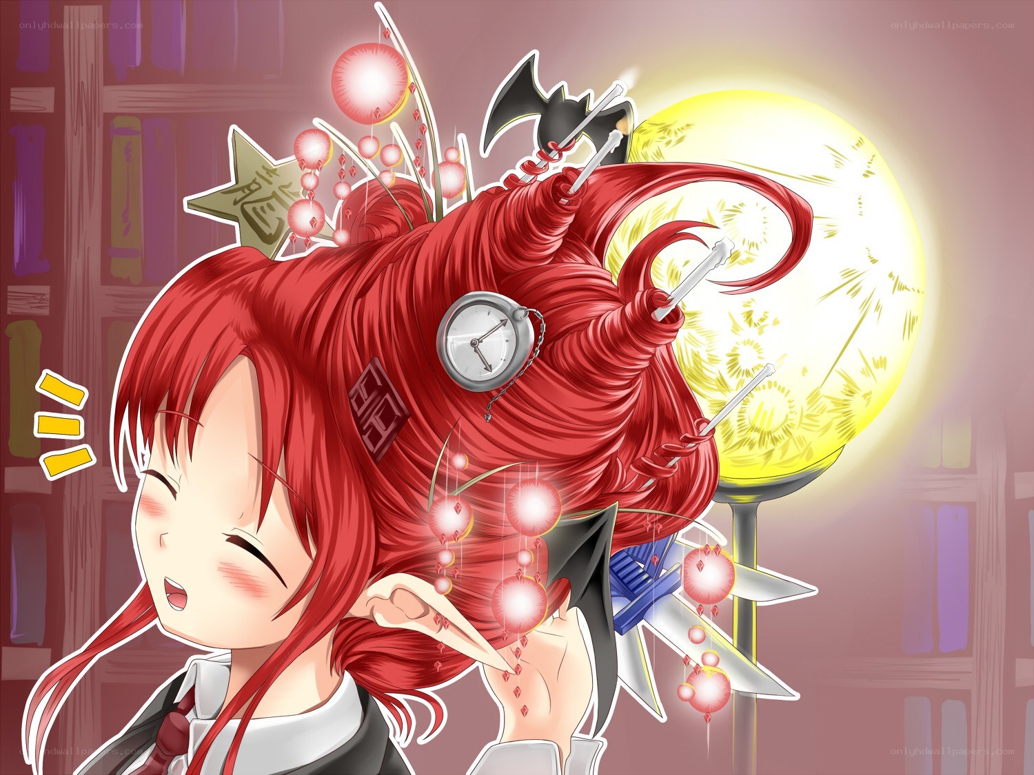 Red-haired girl with clock and lanterns