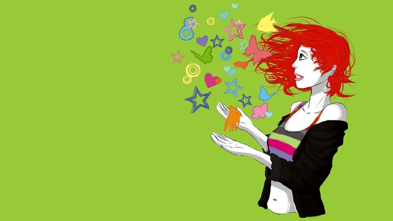 red-haired girl with colorful shapes
