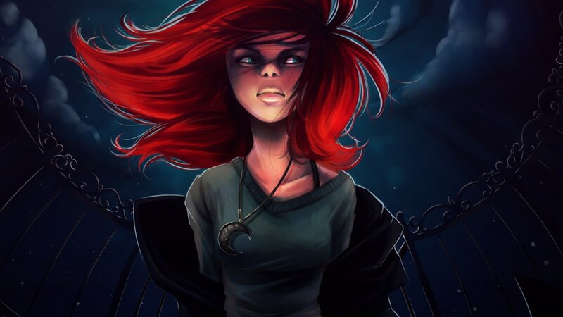 red-haired girl with crescent moon necklace
