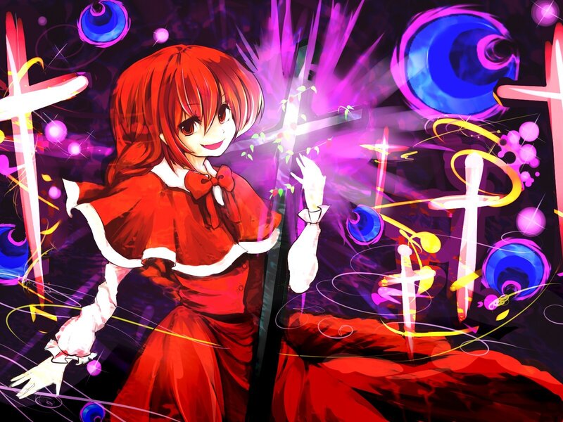 red-haired girl with crosses