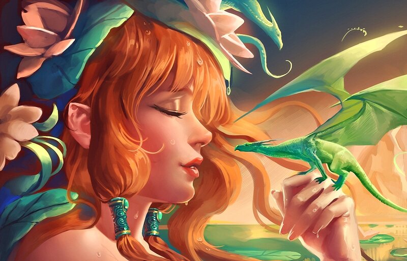 Red-haired Girl with Dragon — Green, Serene