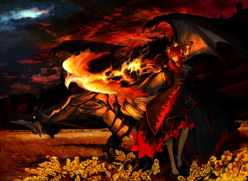 Red-haired Girl with Dragon — Red, Dramatic, Night