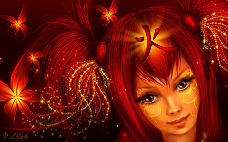 Red-haired girl with fire symbols
