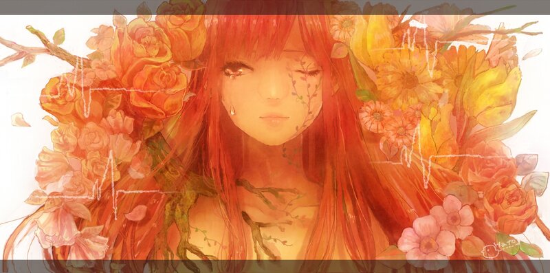 red-haired girl with flowers