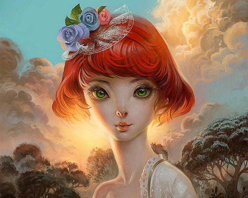 Red-haired Girl with Flowers — Red, Serene