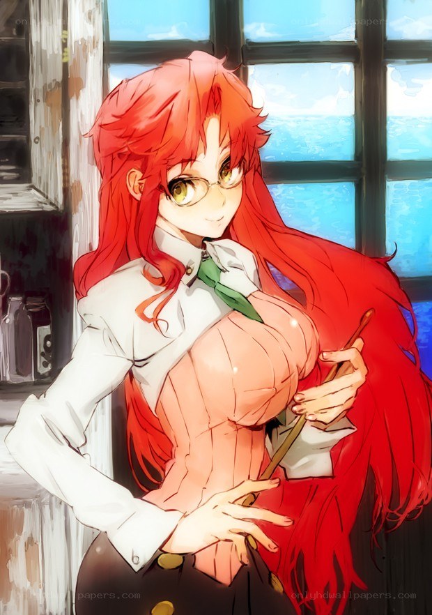 red-haired girl with glasses