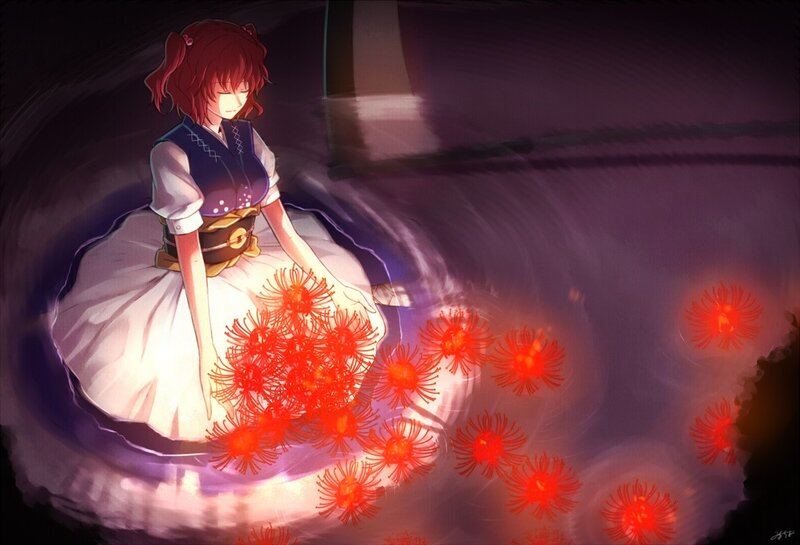 red-haired girl with glowing flowers