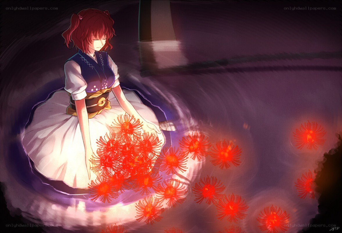 red-haired girl with glowing flowers