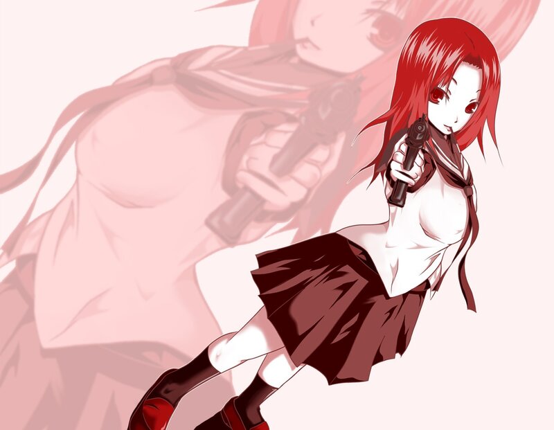red-haired girl with gun