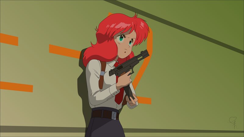 Red-haired Girl with Gun — Green, Tense