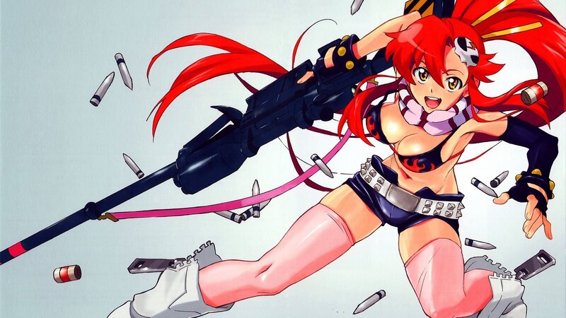 Red-haired Girl with Gun — Red, Action, Anime, Bullets, Long Hair, Black, White