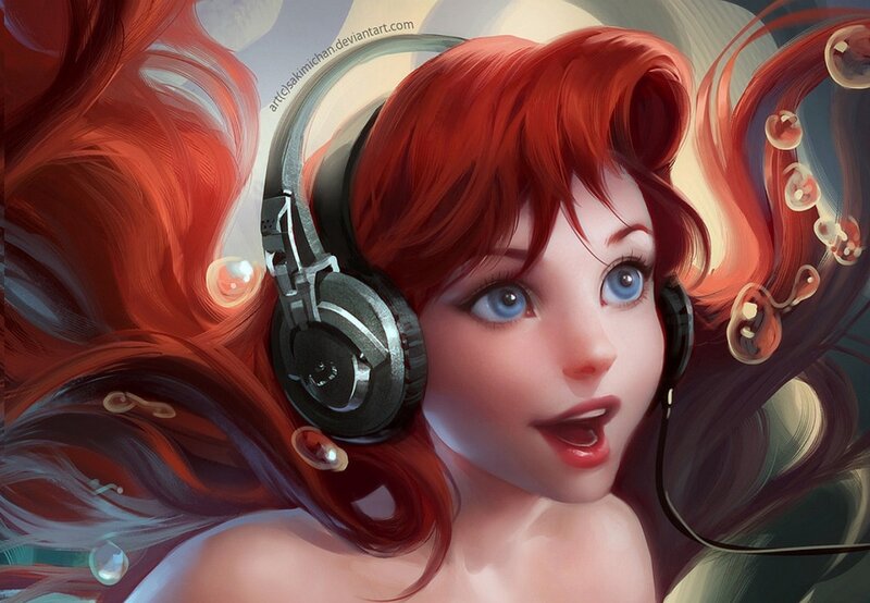 Red-haired Girl with Headphones — Red, Dreamy, Digital Art