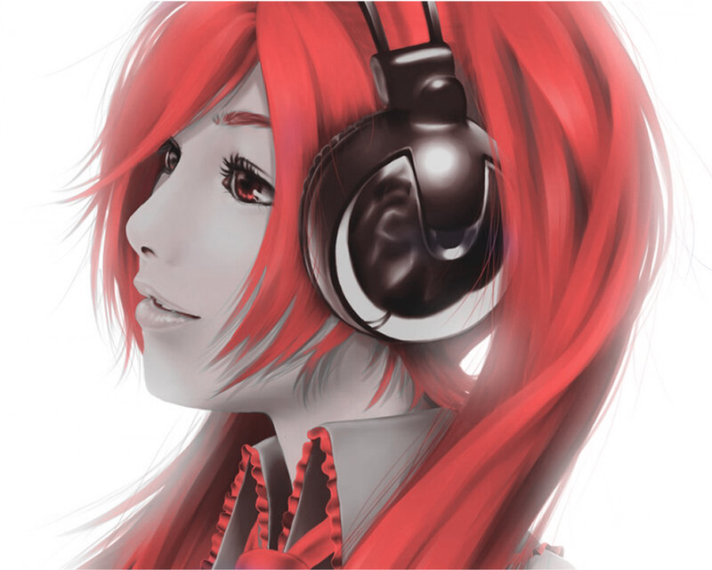 red-haired girl with headphones