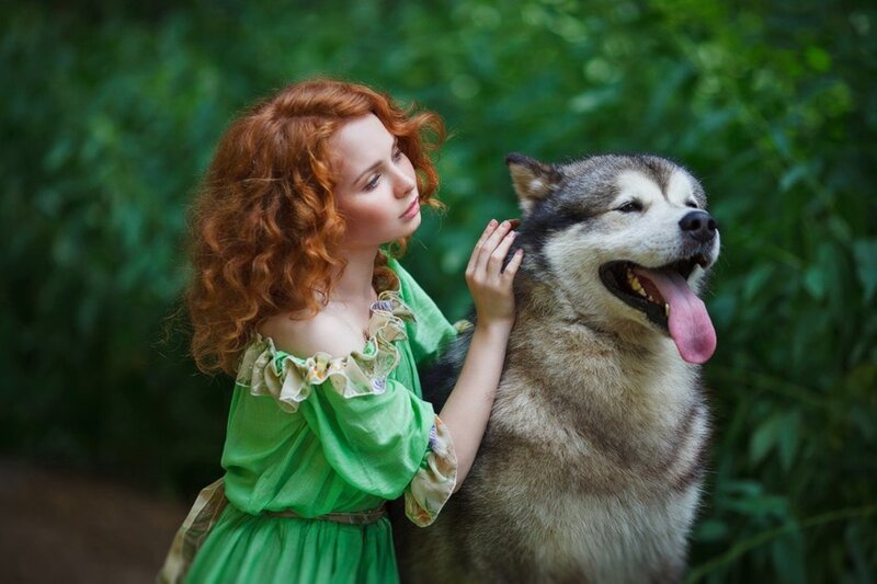 Red-haired Girl with Husky — Green