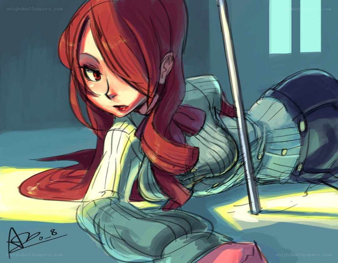red-haired girl with pole