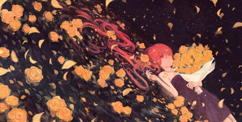 Red-haired Girl with Roses — Purple