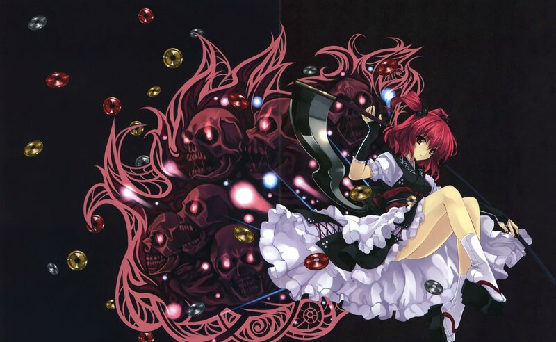 Red-haired Girl with Scythe — Black, Dramatic, Night, Anime, Skulls, Coins
