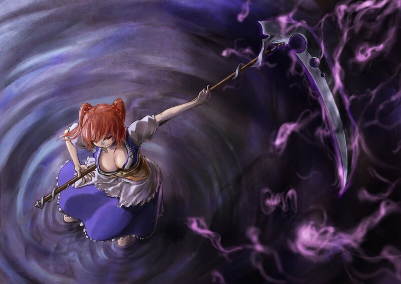 Red-haired Girl with Scythe — Purple, Dramatic, Anime, Swirling Background