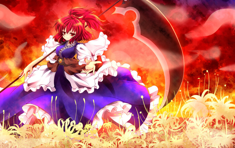 Red-haired Girl with Scythe — Red, Dramatic, Anime, Flames