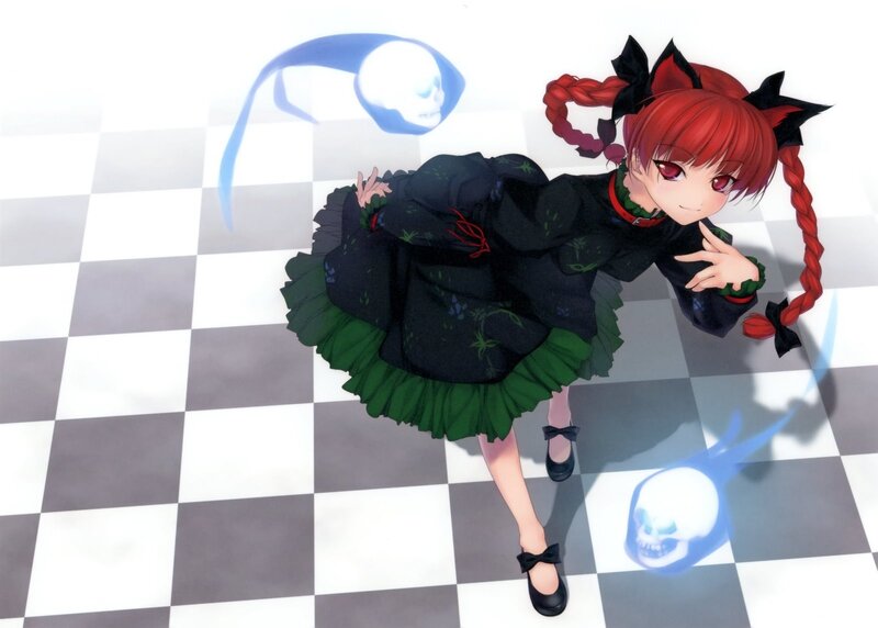 red-haired girl with skulls