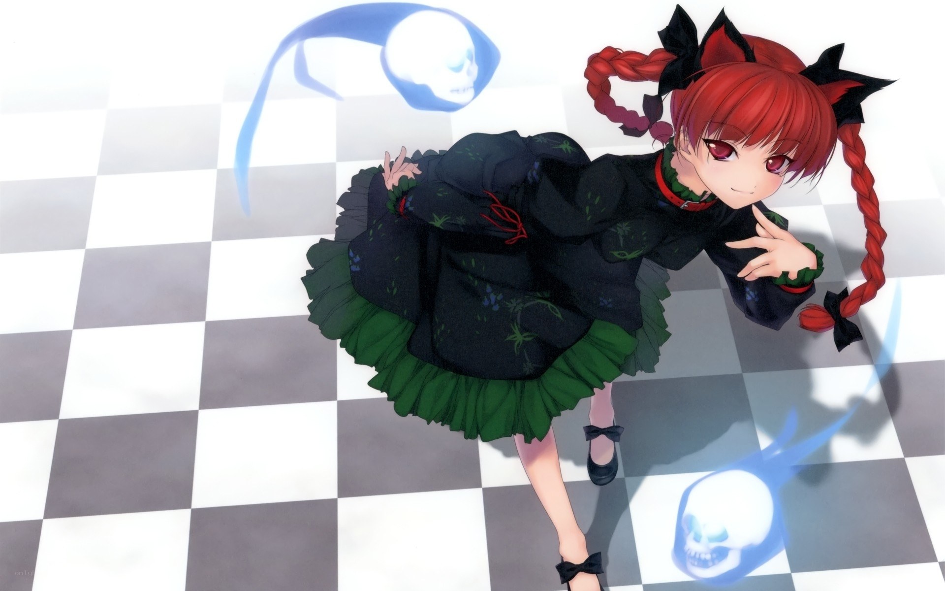red-haired girl with skulls