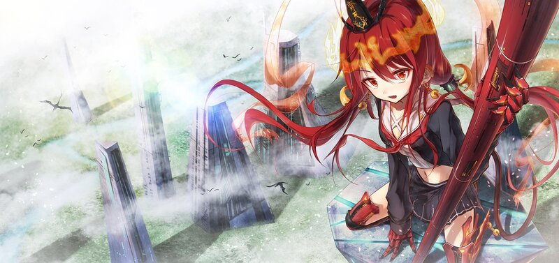 Red-haired Girl with Spear — Red, Dramatic, Anime, Ancient Ruins