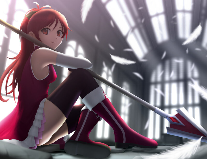 Red-haired Girl with Spear — Red, Dramatic, Anime, Feathers
