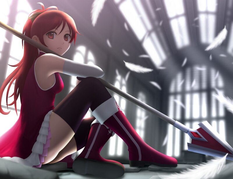 Red-haired Girl with Spear — Red, Dramatic, Anime, Feathers, Window