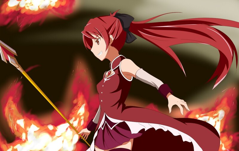 Red-haired Girl with Spear — Red, Dramatic, Anime, Fire