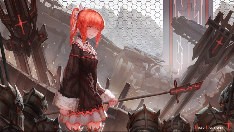 Red-haired Girl with Spear — Red, Dramatic, Digital Art