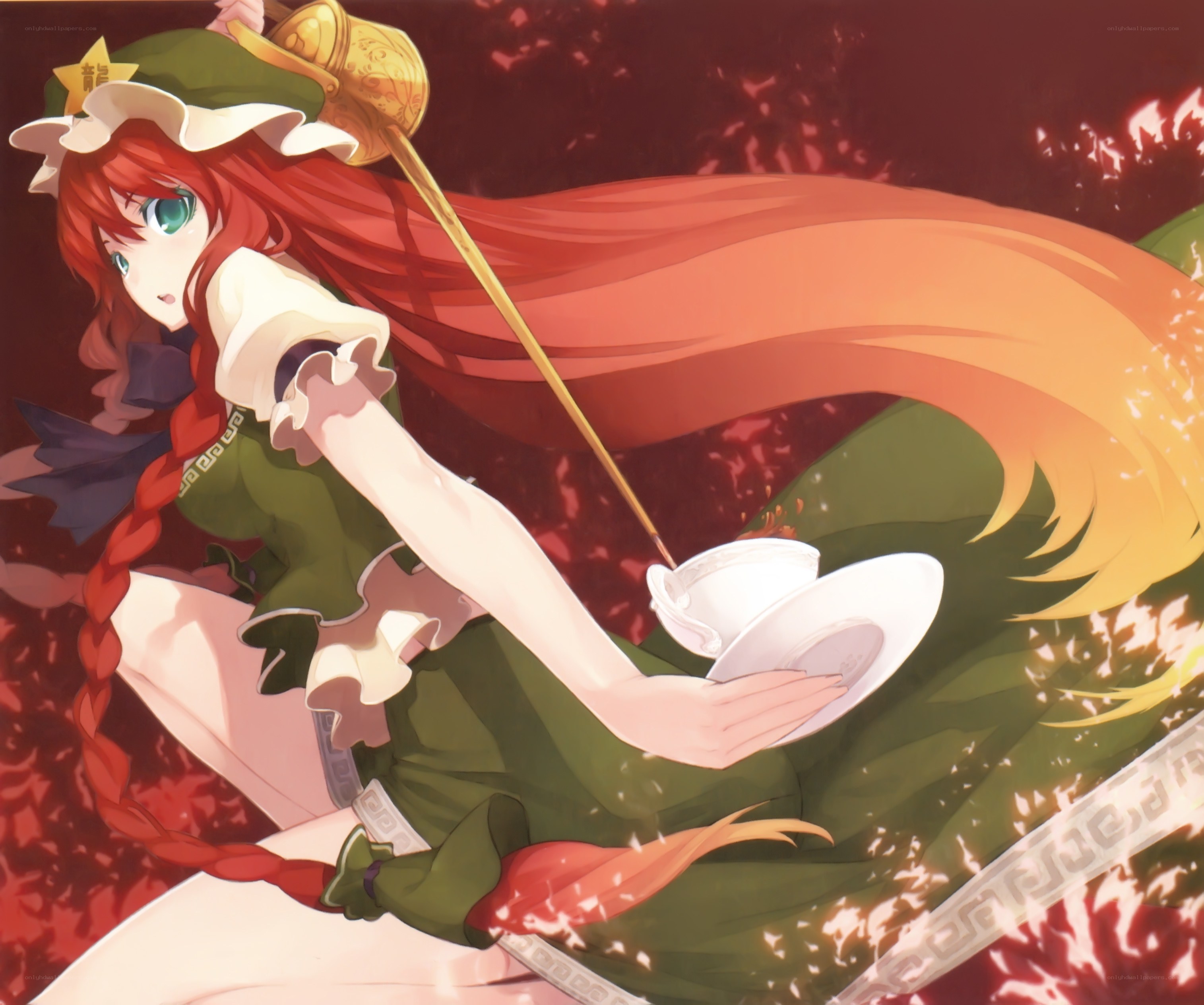 Red-haired girl with sword and tea set