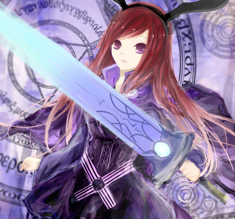 Red-haired Girl with Sword — Purple, Dramatic, Digital Art