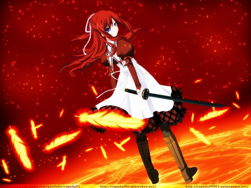 Red-haired Girl with Sword — Red, Dramatic, Anime, Feathers