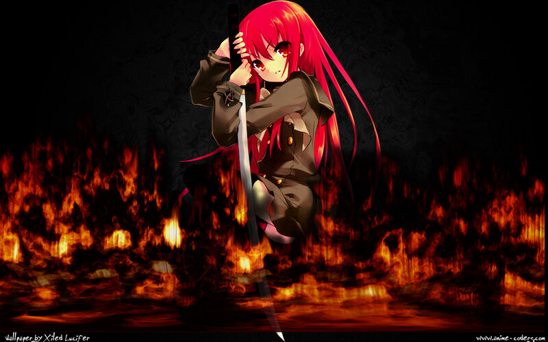 Red-haired Girl with Sword — Red, Dramatic, Anime, Fire, Flames