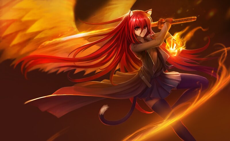 Red-haired Girl with Sword — Red, Dramatic, Anime, Flames, Cat Ears