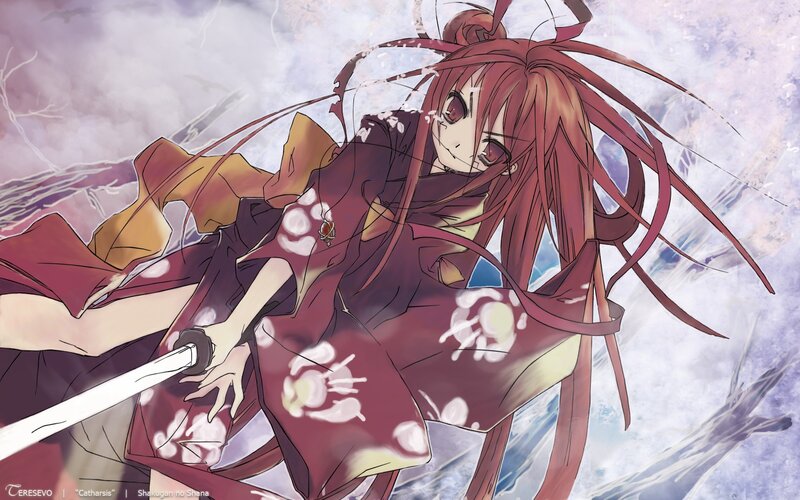 Red-haired Girl with Sword — Red, Dramatic, Anime, Kimono, Long Hair