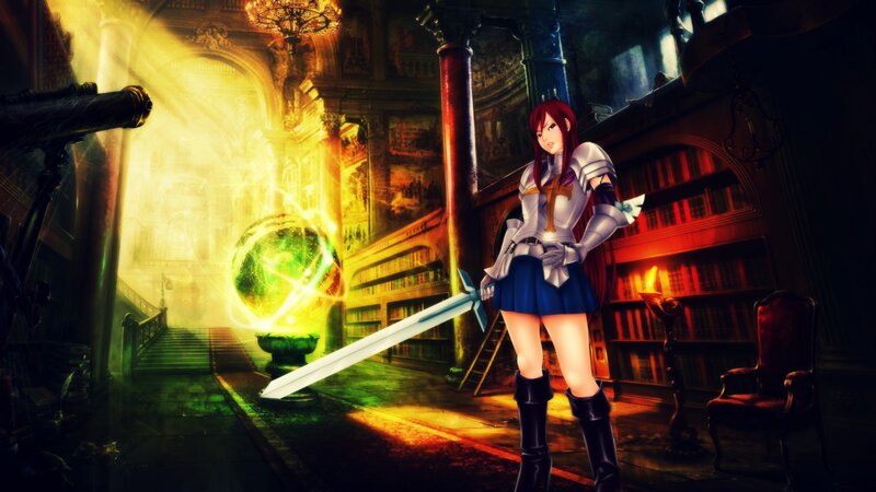 Red-haired Girl with Sword — Red, Dramatic, Anime, Library