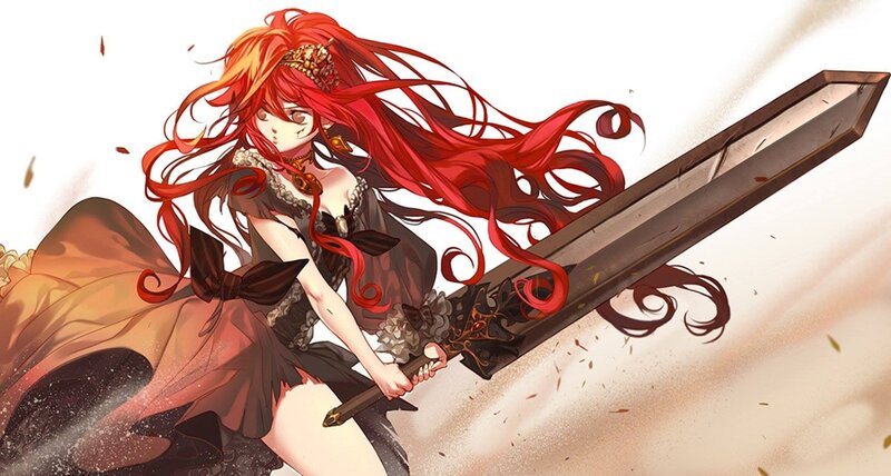 Red-haired Girl with Sword — Red, Dramatic, Anime, Long Hair, Dress