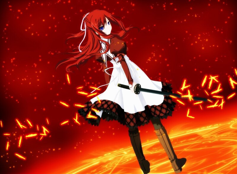 Red-haired Girl with Sword — Red, Dramatic, Anime, Plaid Skirt