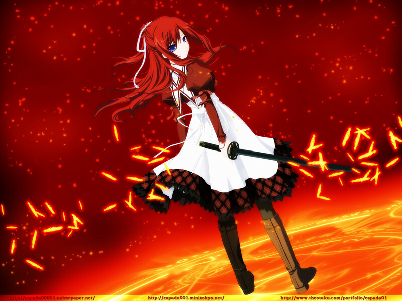 Red-haired Girl with Sword — Red, Dramatic, Anime, Sparkles, Skirt