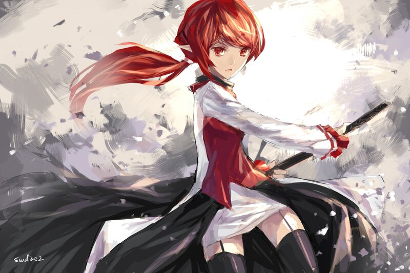 Red-haired Girl with Sword — Red, Dramatic, Digital Art, Hair, Skirt