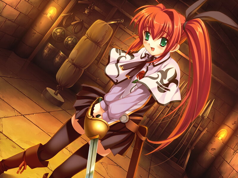 Red-haired Girl with Sword — Red, Dramatic, Night, Anime, Castle Room