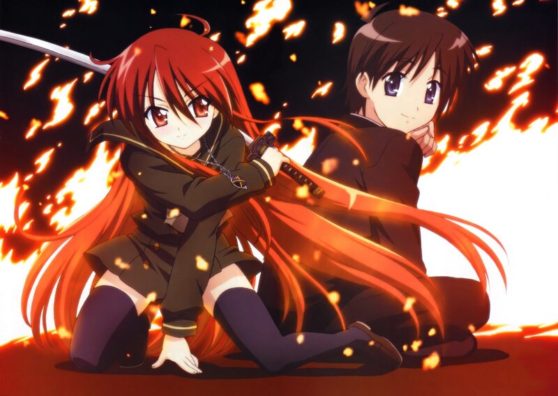 Red-haired Girl with Sword — Red, Dramatic, Night, Anime, Fire, Boy, Black