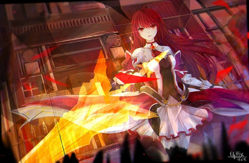 Red-haired Girl with Sword — Red, Dramatic, Night, Anime, Fire, Building