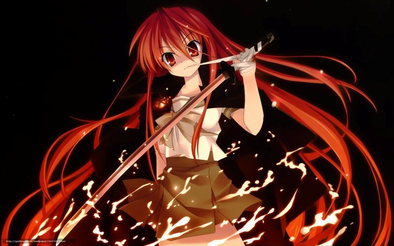 Red-haired Girl with Sword — Red, Dramatic, Night, Anime, Fire, Sparkles
